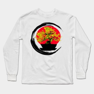 Golden bonsai on a rising sun - Sumi inspired enso circle brushstroke tree Long Sleeve T-Shirt